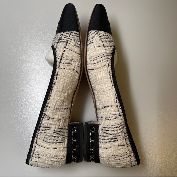 Chanel Chain Link Heel tweed CC Ballerinas flat black white size 39women - Picture 12 of 12